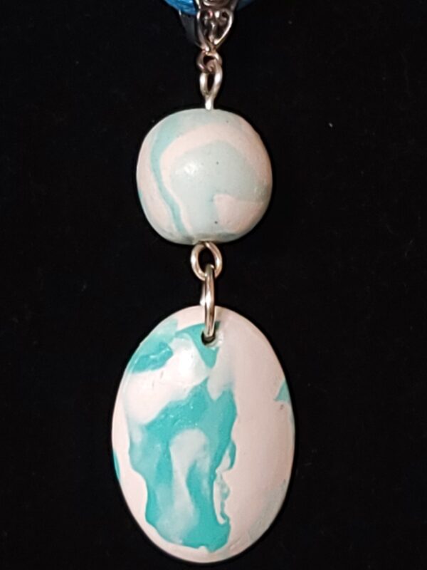 Handcrafted Metallic Wispy Blue on Pearl White Polymer Clay Necklace/Pendant